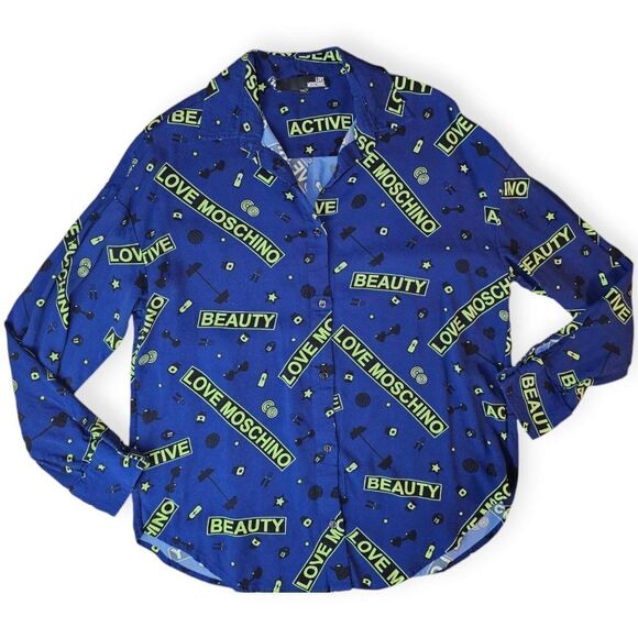 Love Moschino Blue Green Button Down Shirt Size 8 - Picture 1 of 5